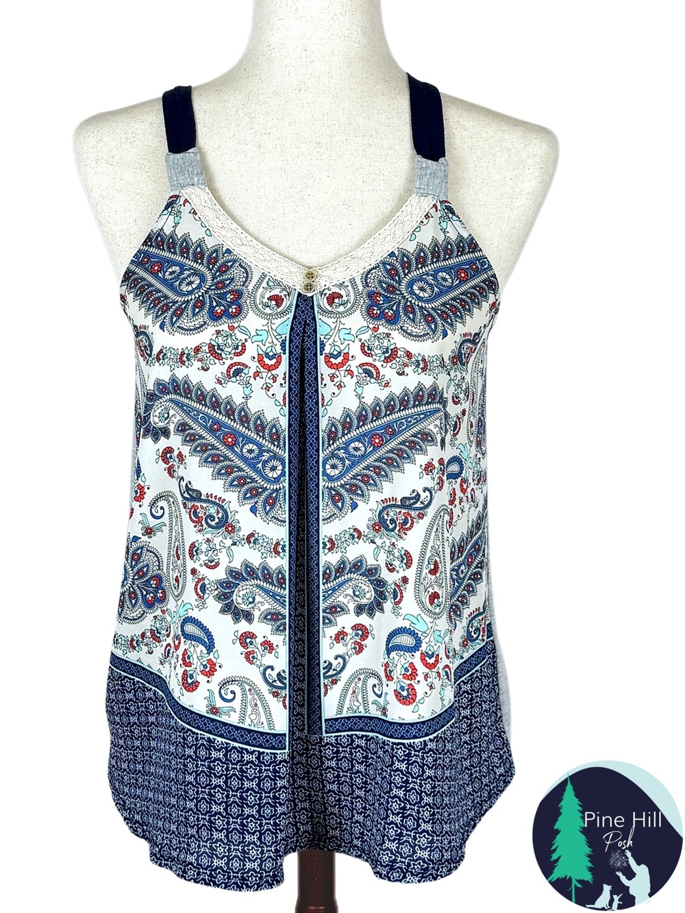 Xhilaration Boho Paisley Chiffon Tank Top Lace Trim Knit Back Juniors Small